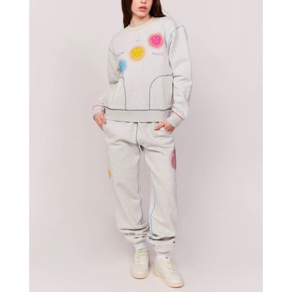 By Samii Ryan Smiley Rainbow Sweatpants Women's Small Gray Elastic Waist Printed